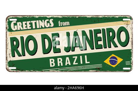 Greetings from Rio de Janeiro vintage rusty metal plate on a white background, vector illustration Stock Vector