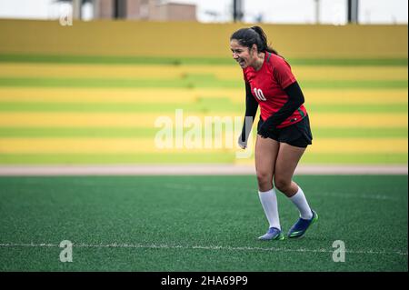 young female soccer player kicks the ball on the field Stock Photo