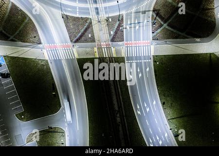 Arial top view of Modern transportation with Expressway, Road and Roundabout,Road traffic, multilevel junction highway-Top view in asia. Important inf Stock Photo