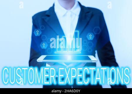 Text caption presenting Customer Expectations. Word Written on Benefits a Client Expect Surpass the needs and wants Woman In Suit Standing Using Stock Photo