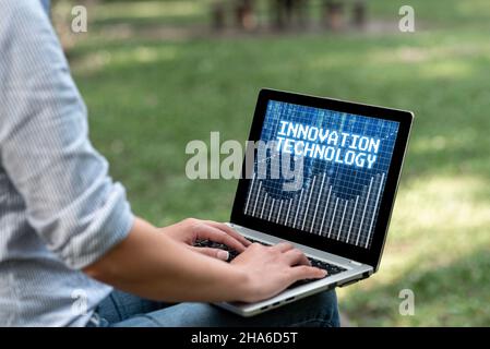 Handwriting text Innovation Technology. Conceptual photo New Idea or Method of Technical or Scientific nature Woman Sitting With Latop Alone In The Stock Photo