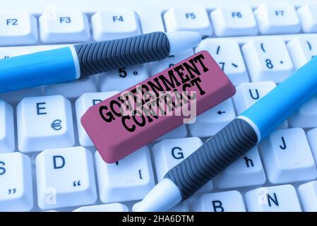 Text sign showing Government Contract. Business idea Agreement Process to sell Services to the Administration Editing New Story Title, Typing Online
