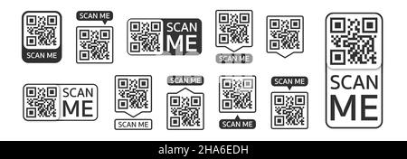 QR code set. Template of frames with text - scan me and QR code for smartphone, mobile app, payment and discounts. Quick Response codes. Vector illustration Stock Vector