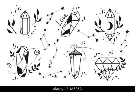 Crystal witch magic symbol doodle set. Mystic and astrology, esoteric, boho hand drawn elements, magic witchcraft crystals icon, tarot cards or sticker. Trendy minimalist sign fantasy occult vector Stock Vector