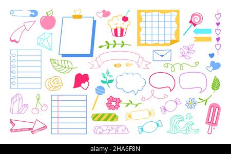 Sticky note notebook paper doodle set. Sketch stickers and notes with elements planning, speech bubble frame. Blank graphic notepad. Various tag business office planner, bookmark memory diary page Stock Vector