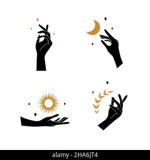 Boho hand with moon and sun. Collection of bohemian aesthetic design logos. Alchemy esoteric talismans. Vector illustration in minimalist style Stock Vector