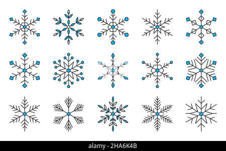 Snowflake frosty winter snow element flat set. Party pattern xmas room decoration photo decor object window fabric clothing. Doodle greeting card advertising website icon app weather widget isolated Stock Vector