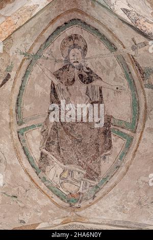 Gothic painting of Christ sitting on the rainbow, resting his feet on the orb, Bollerup, Sweden, September 15, 2021 Stock Photo