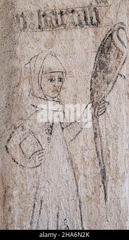 a medieval fresco from 1476 depicting Brabara Brahe in the church of Bollerup, Sweden, September 15, 2021 Stock Photo