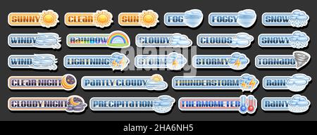 Vector set of cut paper Weather Icons, lot collection of various illustrations of white decorative weather icons, banner with group variety isolated c Stock Vector