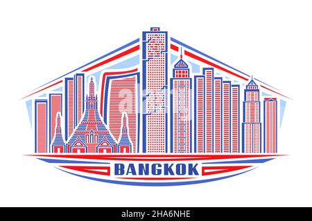Vector illustration of Bangkok, horizontal logo with linear design famous bangkok city scape on day sky background, asian urban line art concept with Stock Vector