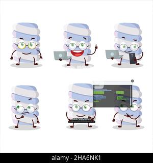 Blue marshmallow twist Programmer cute cartoon character with. Vector illustration Stock Vector