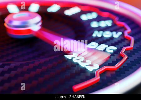 3D illustration close up black speedometer with cutoffs 2021,2022 and calendar months. The concept of the new year and Christmas in the automotive fie Stock Photo