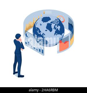 Flat 3d Isometric Businessman Analysis World Business Data. World Economic Analysis and Business Strategy Concept. Stock Vector