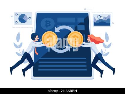 Businessman and Woman Swap Dollar Coin to Bitcoin Through Cryptocurrency Exchange Application. Cryptocurrency Exchange Trading Platform Concept. Stock Vector