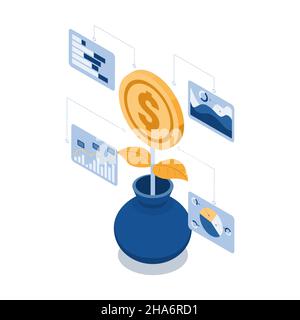 Flat 3d Isometric Coin Plant Growing from Flower Pot with Financial Chart. ROI Return on Investment Concept. Stock Vector