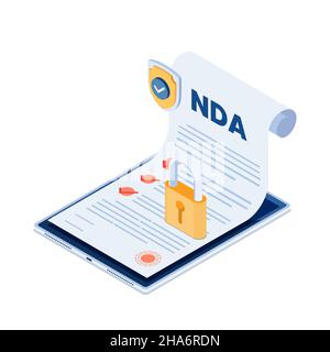 Flat 3d Isometric NDA Document with Shield and Lock on Digital Tablet. Non Disclosure Agreement Contract Concept. Stock Vector