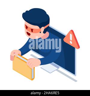 Flat 3d Isometric Hacker or Thief Come Out from Monitor and Stealing Folder. Hacker and Cyber Crime Concept. Stock Vector