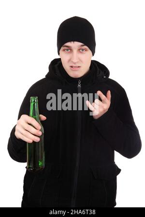 Hooligan with a Beer Isolated on the White Background Stock Photo