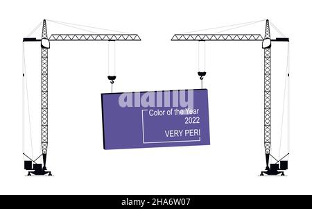 Very peri. Color of the year 2022. Trendy concept. Two cranes are holding a banner. Flat vector illustration. Stock Vector