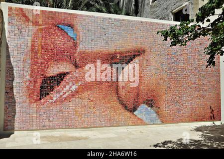 Photomosaic by Joan Fontcuberta The world is born in each kiss located in the city vella district of Barcelona, Catalonia, Spain Stock Photo