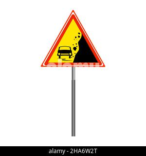 Warning falling rocks sign isolated on white background.Yellow triangle danger sign with car and stones landslide silhouette.Stock vector illustration Stock Vector