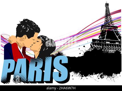 Paris on the Eiffel tower grunge background with kissing couple. Vector 3d illustration Stock Vector