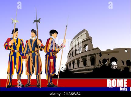 Three Swiss Guards on Rome background. 3d vector illustration Stock Vector