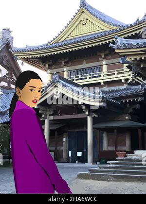 Modern Asian woman on temple background. 3d color vector illustration Stock Vector