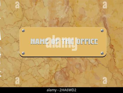 Signboard of the office on marble texture background. 3d vector color illustration Stock Vector
