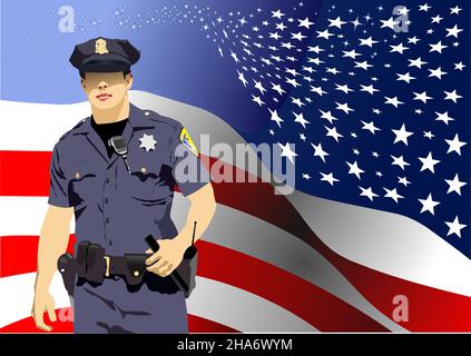Policeman with walkie-talkie radio on American flag background. Vector 3d illustration Stock Vector