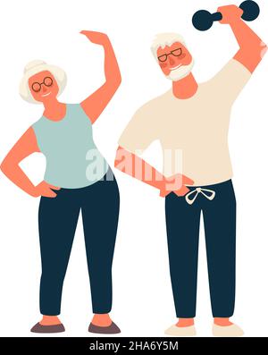 Grandmother and grandfather exercising and working out. Isolated sportive senior couple. Male and female doing gymnastics and stretching, heavy liftin Stock Vector