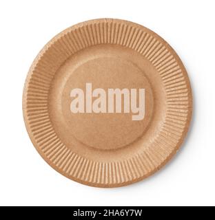 Disposable paper plates on a white background. View from above. Stock Photo