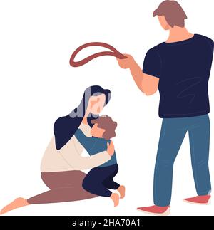 Aggressive father beating small child and wife, mother protecting kid by hugging. Violence and dysfunctional family problems, despair and fear of woma Stock Vector