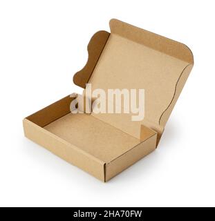 A cardboard box with the lid open, placed on a white background. Shipping concept Stock Photo