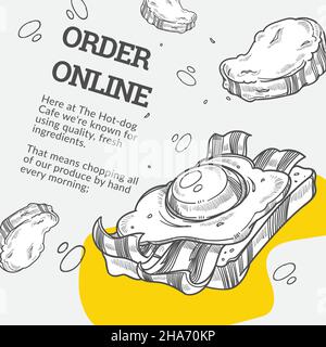 Cafe or restaurant offering online order and quick delivery, fast food diner or bistro with snacks and tasty food. Monochrome sketch outline advertise Stock Vector