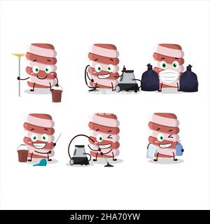 Cleaning service red marshmallow twist cute cartoon character using mop. Vector illustration Stock Vector