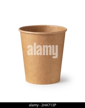 Brown disposable paper cups on a white background. The zero-waste concept. Stock Photo