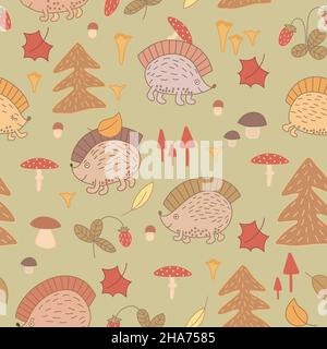 Hand drawn seamless pattern with Hedgehogs, leaves, firs, mushrooms. Stock Vector