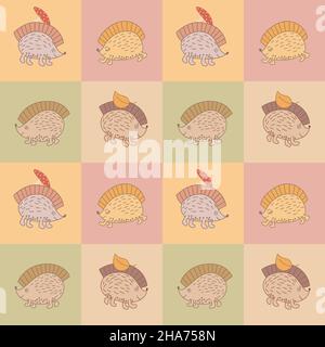 Checkered seamless pattern with hand drawn Hedgehogs. Stock Vector