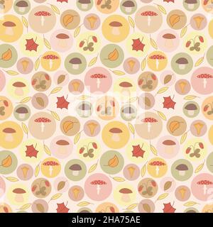 Polka dotted seamless pattern. Pastel color circles with mushrooms, berries, leaves. Stock Vector