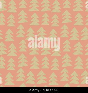 Fir tree seamless pattern on red background. Pastel decorative hand drawn vector. Stock Vector