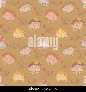 Hand drawn seamless pattern with Hedgehogs, leaves, firs, mushrooms. Stock Vector