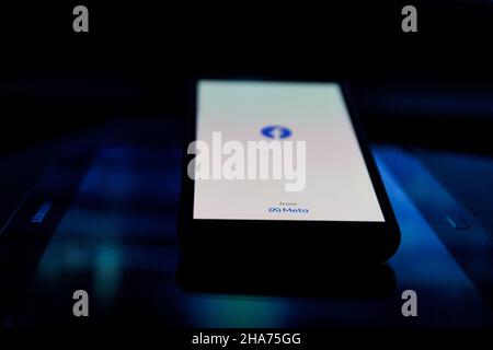 Meta logo on smartphone. Meta Platforms, Inc., doing business as Meta and formerly known as Facebook, Inc. Stock Photo