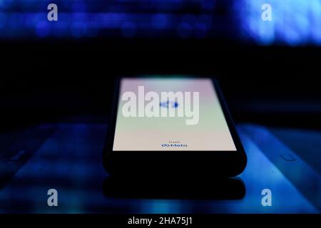 Meta logo on smartphone. Meta Platforms, Inc., doing business as Meta and formerly known as Facebook, Inc. Stock Photo