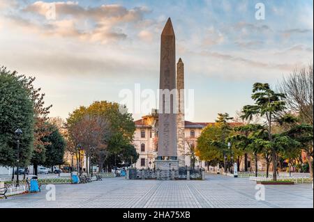 ISTANBUL, TURKEY - 9 December, 2020: evening view on Obelisk of Thutmose III in Hippodrome of Constantinople in Sultan Ahmet Square Stock Photo