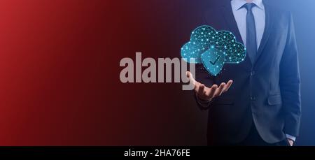 Cloud technology. Polygonal wireframe cloud storage sign with shield with a tick on dark blue. Cloud computing, big data center, future infrastructure Stock Photo