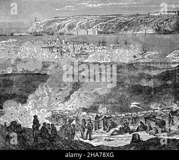 A late 19th Century illustration of a bombardment during the Siege of Sevastopol (1854–55) carried out by the British, French, Piedmontese, and Turkish troops during the Crimean War, which lasted for 11 months. Despite its efforts, the Russian army had to leave its stronghold and evacuate over a pontoon bridge to the north shore of the inlet. Sevastopol, is the largest city in Crimea and due to its strategic location and the navigability of the city's harbors, an important port and naval base throughout its history. Stock Photo