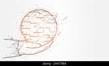 Polygonal vector illustration of a hand holding a planet. Metaverse concept. Technological Sky-Fi template, banner or background. Stock Vector