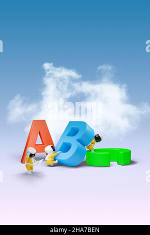 Little spacemen lifting colorful ABC alphabets. Concept of teamwork, building as a team, learning to write, learning new skills, education. 3D renderi Stock Photo